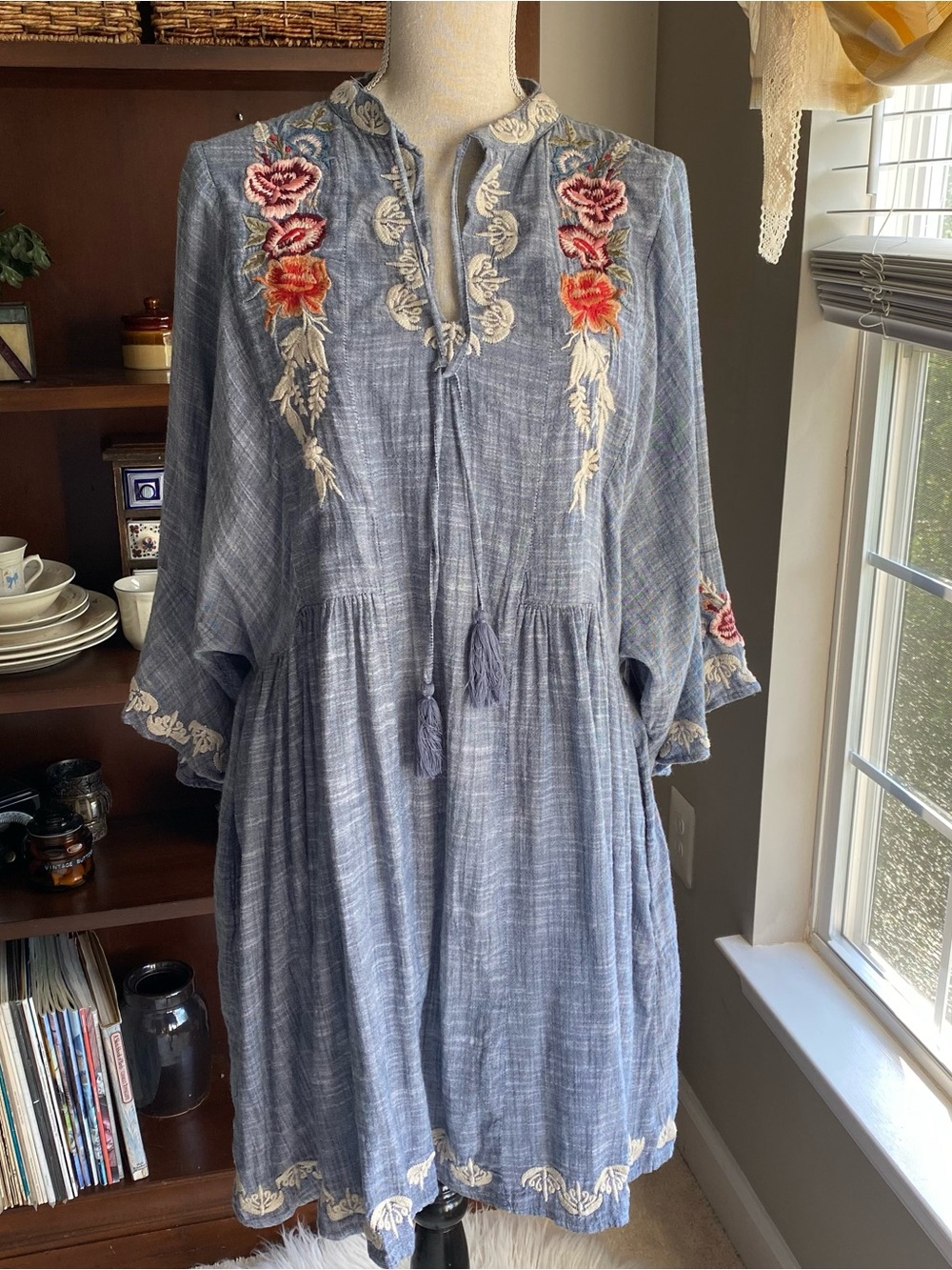 Kyla Seo Embroidered Blue Cotton-Poplin Peasant Dress Size L